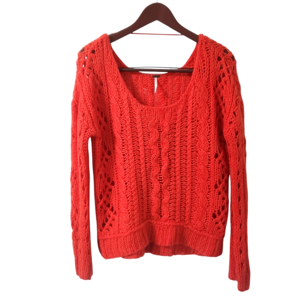 Free People Open Cable Knit Sweater Mohair Wool Chunky Pullover Orange Small